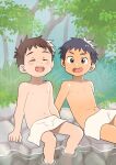  2boys a-roku_(eeroku) black_hair blush brown_hair closed_eyes grass grey_eyes male_child multiple_boys navel nipples onsen open_mouth original sitting teeth towel_on_legs tree upper_teeth water 