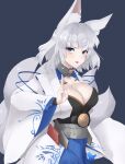  1girl :d absurdres animal_ears arm_behind_back azur_lane blue_eyes blue_skirt blush breasts cleavage cleavage_cutout clothing_cutout commentary_request eyeshadow fang fox_ears fox_girl fox_tail hand_up highres japanese_clothes kaga_(azur_lane) kimono kitsune kuji-in large_breasts long_sleeves looking_at_viewer makeup medium_hair multiple_tails nagatokks no_mask pleated_skirt print_kimono shikigami skirt smile solo tail white_hair white_kimono wide_sleeves 