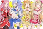  aono_miki blonde_hair blue_eyes blue_hair border breasts cowboy_shot crop_top cure_berry cure_passion cure_peach cure_pine dress earrings fresh_precure! heart heart_earrings higashi_setsuna highres jewelry kuruni_purikyua long_hair medium_breasts medium_hair momozono_love pink_hair precure red_dress short_sleeves skirt small_breasts twintails white_border yamabuki_inori yellow_background yellow_dress 