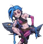  1girl arcane:_league_of_legends arcane_jinx arm_tattoo asymmetrical_bangs bangs bare_shoulders belt blue_hair braid breasts brown_belt brown_footwear bullet cloud_tattoo crop_top fingerless_gloves gloves grey_background grin invisible_chair jinx_(league_of_legends) league_of_legends long_hair looking_at_viewer midriff navel pants phantom_ix_row pink_eyes pink_pants shoes shoulder_tattoo simple_background sitting smile solo stomach striped striped_pants tattoo teeth twin_braids 