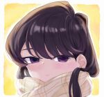  1girl bangs black_hair blush border breath brown_scarf closed_mouth enpera gggllmk komi-san_wa_komyushou_desu komi_shouko long_hair looking_at_viewer plaid plaid_scarf portrait purple_eyes scarf smile solo swept_bangs white_border yellow_background 