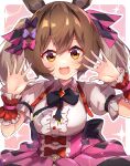  1girl :d black_bow blush bow breasts brown_hair center_frills collared_shirt frills hair_bow hands_up high-waist_skirt highres looking_at_viewer medium_breasts meyamu orange_eyes outline pink_background pink_bow pink_skirt pleated_skirt puffy_short_sleeves puffy_sleeves purple_bow shirt short_sleeves skirt smart_falcon_(umamusume) smile solo sparkle twintails two-tone_background umamusume white_background white_outline white_shirt wrist_cuffs 
