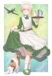  1girl aircraft airplane alternate_costume animal apron blonde_hair blue_eyes cat clothes_lift cup dress dress_lift enmaided green_dress green_footwear hayashi_naoharu highres holding holding_tray kantai_collection lifted_by_self long_sleeves maid maid_apron maid_headdress medium_hair shin&#039;you_(kancolle) shoes socks solo tray white_apron white_socks 