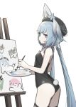  1girl animal_ears ass bare_arms beret black_headwear blue_hair bright_pupils canvas_(object) closed_mouth cowboy_shot fake_animal_ears fake_tail goseumgoseumdochi griseo hat highres holding holding_paintbrush holding_palette honkai_(series) honkai_impact_3rd long_hair looking_at_viewer paintbrush palette_(object) playboy_bunny purple_eyes rabbit_ears rabbit_tail simple_background solo tail twintails very_long_hair white_background 