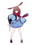  1girl :&lt; amiya_(arknights) animal_ear_legwear animal_ears arknights backpack bag bangs blue_eyes blue_jacket blue_skirt blush brown_footwear bunny_ear_legwear closed_mouth commentary_request cot_(co2cotton) full_body hands_up highres jacket long_sleeves looking_at_viewer medium_hair official_alternate_costume open_clothes open_jacket pleated_skirt rabbit_ears rabbit_girl red_scarf scarf shoes simple_background skirt sleeves_past_fingers sleeves_past_wrists solo thighhighs white_background white_thighhighs 