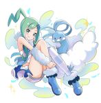  1girl altaria arm_warmers blue_footwear blush boots closed_mouth commentary_request green_eyes green_hair highres lisia_(pokemon) looking_at_viewer overskirt pokemon pokemon_(creature) pokemon_(game) pokemon_oras satisfaction-zero shorts shorts_under_skirt sidelocks single_thighhigh smile thighhighs 