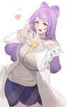  1girl :d coat commentary earrings green_eyes hands_up heart heart_hands highres jewelry long_hair long_sleeves miriam_(pokemon) neee-t open_clothes open_coat open_mouth pokemon pokemon_(game) pokemon_sv purple_hair skirt smile solo sweater symbol-only_commentary white_background white_coat 