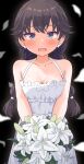  1girl bare_shoulders black_background black_hair blue_eyes blurry blush bouquet braid breasts cleavage collarbone cowboy_shot depth_of_field dress earrings flower flower_earrings haruki_reimari holding holding_bouquet jewelry lily_(flower) looking_at_viewer low_twin_braids medium_breasts nervous open_mouth original outer_glow petals solo straight-on twin_braids white_dress white_flower 