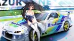  1girl agano_(azur_lane) alternate_costume azur_lane bangs bare_shoulders black_hair blue_leotard boots breasts car chinese_commentary cleavage closed_mouth collarbone commentary_request covered_navel elbow_gloves flower full_body gloves groin ground_vehicle hecha_(01964237) highres holding holding_umbrella large_breasts lens_flare leotard long_hair looking_at_viewer mazda_rx-7 motor_vehicle ponytail race_queen race_vehicle racecar red_eyes shadow sidelocks sitting sitting_on_car skindentation smile solo spoiler_(automobile) thigh_boots umbrella very_long_hair white_flower white_gloves 