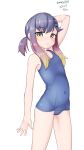  1girl absurdres arm_behind_head blue_one-piece_swimsuit covered_navel cowboy_shot dated flat_chest gradient_hair highres kantai_collection maru_(marg0613) multicolored_hair one-piece_swimsuit orange_hair purple_eyes purple_hair school_swimsuit short_hair sidelocks signature simple_background solo swimsuit tsushima_(kancolle) twitter_username white_background 