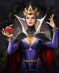  1girl apple artist_name black_cape black_nails blue_dress breasts cape cleavage closed_mouth crown disney dress english_text fingernails food fruit highres holding holding_food holding_fruit jewelry kim_sung_hwan large_breasts light_smile lipstick long_sleeves makeup queen_grimhilde realistic red_lips ring sharp_fingernails snow_white_(disney) snow_white_and_the_seven_dwarfs wimple 