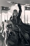  1boy absurdres advarcher arm_up armor cape cloud commentary english_commentary flag full_body glasses gloves greyscale hair_between_eyes highres holding holding_polearm holding_weapon holostars holostars_english horseback_riding jacket long_hair looking_at_viewer male_focus monochrome multicolored_hair multiple_swords noir_vesper parted_lips polearm riding sheath sheathed shoulder_armor soldier solo_focus spear streaked_hair virtual_youtuber weapon 