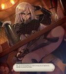  1girl alcohol angelise_reiter armor ass avatar_(ff14) beer beer_mug black_gloves blue_eyes blush breasts candle commission cup english_text final_fantasy final_fantasy_xiv gloves greaves hair_between_eyes highres knife lipstick long_hair makeup merunyaa mug no_panties pauldrons pussy red_lips shoulder_armor simple_background sitting solo spread_legs sweatdrop uncensored very_long_hair 