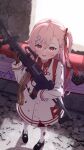  1girl absurdres age_regression aged_down ammunition_belt black_gloves bow braid child dress from_above full_body girls&#039;_frontline gloves gun hair_ornament hairclip hexagram highres holding holding_gun holding_weapon imi_negev loafers long_hair machine_gun negev_(girls&#039;_frontline) negev_(little_drifter)_(girls&#039;_frontline) official_alternate_costume one_side_up pink_hair red_bow red_eyes shell_casing shoes side_braid standing star_of_david taitan weapon weapon_bag weapon_case white_dress 