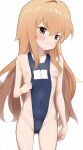  1girl aisaka_taiga ass_visible_through_thighs bare_shoulders between_breasts blonde_hair blush breasts brown_eyes clenched_teeth clothes_between_breasts commentary_request covered_navel cowboy_shot frown groin hair_between_eyes highres ikisugi_shokudou long_hair looking_at_viewer name_tag nipples one-piece_swimsuit sideless_outfit simple_background small_breasts solo standing swimsuit teeth toradora! v-shaped_eyebrows white_background 