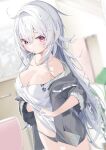  1girl bangs black_panties blurry blurry_background breasts cellphone cleavage closed_mouth collarbone commentary_request depth_of_field grey_hair grey_jacket hair_between_eyes highres indoors jacket kamioka_shun&#039;ya large_breasts long_hair long_sleeves looking_at_viewer mouth_hold no_pants off_shoulder open_clothes open_jacket original panties phone purple_eyes shiori_(kamioka_shun&#039;ya) shirt solo standing underwear very_long_hair white_shirt 
