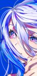  1girl bangs blue_background blue_eyes commentary_request grey_hair hair_between_eyes hand_up highres looking_away mika_pikazo original parted_lips simple_background solo tears upper_body 