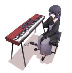  1girl bangs black_footwear black_hair black_jacket blunt_bangs bocchi_the_rock! colored_inner_hair dress ear_piercing flats grey_dress highres instrument jacket keyboard_(instrument) long_hair multicolored_hair pa-san pedal_(instrument) piercing purple_hair simple_background sitting sleeves_past_fingers sleeves_past_wrists solo very_long_hair white_background zero808w 