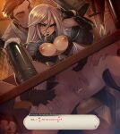 1boy 1girl alcohol angelise_reiter armor ass avatar_(ff14) beer beer_mug black_gloves blue_eyes blush breasts candle commission cup english_text final_fantasy final_fantasy_xiv fingering gloves greaves hair_between_eyes hetero highres knife lipstick long_hair makeup merunyaa mug nipple_sleeves nipples no_bra no_panties pauldrons pussy pussy_juice red_lips shoulder_armor simple_background sitting solo_focus spread_legs sweatdrop uncensored very_long_hair 