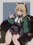  1girl animal_ears arknights arm_support black_skirt blonde_hair blush bulge collared_shirt dog_ears dog_girl dog_tail erection erection_under_clothes futanari green_eyes green_jacket hair_between_eyes highres holding jacket long_hair long_sleeves mirin_chikuwa open_clothes open_jacket open_mouth penis penis_peek podenco_(arknights) pouring_onto_penis shirt sitting skirt solo tail testicles vial white_shirt 