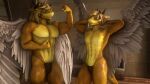  16:9 3d_(artwork) anthro aurelio_larone brother brothers clothed clothing demigod digital_media_(artwork) dragon duo feathered_wings feathers fish flexing grin hi_res horn hybrid male male/male marine navel pecs sanguine_paladin shark sibling smile tasius_larone topless underwear widescreen wings 