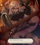  1boy 1girl alcohol angelise_reiter armor ass avatar_(ff14) beer beer_mug black_gloves blue_eyes blush breasts candle commission cup english_text final_fantasy final_fantasy_xiv fingering gloves greaves hair_between_eyes hetero highres knife lipstick long_hair makeup merunyaa mug no_panties pauldrons pussy red_lips shoulder_armor simple_background sitting solo_focus spread_legs sweatdrop uncensored very_long_hair 