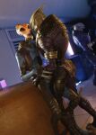  3d_(artwork) alien alien_humanoid anthro clothing costume digital_media_(artwork) duo embrace furniture group hand_on_face hi_res hug humanoid male mammal mass_effect not_furry open_mouth ralic_turman salarian submissive turian video_games 
