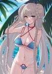  1girl azur_lane beach bikini blue_bikini braid braided_bun breasts cowboy_shot criss-cross_halter day formidable_(azur_lane) formidable_(the_lady_of_the_beach)_(azur_lane) grey_hair hair_bun halterneck hand_in_own_hair highres huge_breasts long_hair looking_at_viewer multi-strapped_bikini navel official_alternate_costume outdoors purple_eyes sand smile solo summer swimsuit thigh_gap twin_braids very_long_hair waka_(user_unuj5373) water 