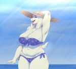  anthro big_breasts bikini boss_monster bottomwear bovid breasts caprine cleavage clothed clothing darkriallet day female fingers floppy_ears fur hand_behind_head hat headgear headwear hi_res horn huge_breasts long_ears mammal mature_anthro mature_female navel open_mouth outside portrait red_eyes seaside slightly_chubby solo standing swimwear thick_thighs three-quarter_portrait topwear toriel undertale undertale_(series) video_games water white_body white_fur 