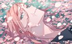  1boy androgynous aqua_eyes artist_name bangs cherry_blossoms commentary_request ear_piercing eyelashes hair_between_eyes hair_down hua_(supa_jopa) in_water long_hair looking_at_viewer lying male_focus on_back parted_bangs parted_lips partially_submerged petals piercing pink_hair sanzu_haruchiyo scar scar_on_face scar_on_mouth sidelocks sideways_glance solo swept_bangs tokyo_revengers twitter_username water watermark 