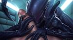  16:9 alien alien_(franchise) anthro big_penis black_body blush bodily_fluids cum cumshot duo ejaculation erection eyeless female genital_fluids genitals hi_res holding_penis human human_on_anthro humanoid interspecies male male/female mammal nude open_mouth penis penis_on_face signature teeth w4g4 widescreen xenomorph 