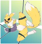 absurd_res angry anthro bandai_namco binding blue_eyes breasts canid canine clothing digimon digimon_(species) ears_back female fox genitals hi_res mammal med121 neck_tuft paws pivoted_ears pussy renamon rope shy simple_background solo solo_focus teeth thick_thighs tuft white_body yellow_body 