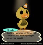  ambiguous_gender anatid animal_crossing anseriform anthro avian beak bird black_background black_eyes brown_clothing brown_shirt brown_topwear clothing dark_deception dialogue dread_ducky duck empty_eyes english_text nintendo noxious-croww parody shirt simple_background solo speech_bubble talking_to_viewer teeth text toothed_beak topwear traffic_cone url video_games yellow_body 