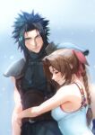  1boy 1girl aerith_gainsborough armor arms_around_waist bangs bare_arms bare_shoulders belt black_shirt blue_eyes blush braid braided_ponytail breasts brown_hair closed_eyes crisis_core_final_fantasy_vii dress final_fantasy final_fantasy_vii hair_ribbon highres hug long_hair looking_at_another medium_breasts multiple_belts parted_bangs pink_ribbon ribbon shirt short_hair shoulder_armor sidelocks sleeveless sleeveless_dress sleeveless_turtleneck smile spiked_hair spykeee suspenders toned toned_male turtleneck upper_body white_dress zack_fair 