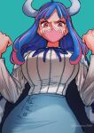  1girl aosora2823 blue_background blue_hair blush breasts cape highres horns large_breasts long_hair mask mouth_mask multicolored_hair neck_ribbon one_piece pink_eyes pink_hair ribbon shirt skirt solo striped striped_shirt twitter_username ulti_(one_piece) white_shirt 