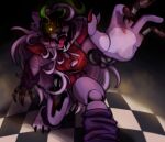  animatronic anthro armwear big_breasts black_background black_nails bottomwear breasts canid canine canis checkered_floor cheek_tuft clothing colored_nails exposed_endoskeleton facial_tuft fangs female five_nights_at_freddy&#039;s five_nights_at_freddy&#039;s:_security_breach furtyap glowing glowing_eyes green_highlights hair highlights_(coloring) legwear long_hair long_nails looking_at_viewer machine mammal nails open_mouth purple_armwear purple_body purple_clothing purple_legwear red_bottomwear red_clothing red_topwear robot robot_gore roxanne_wolf_(fnaf) scottgames sharp_nails shattered_roxanne_wolf_(fnaf) shoulder_pads simple_background solo topwear torn_clothing tuft video_games white_hair wolf yellow_eyes 