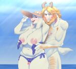  anthro areola asgore_dreemurr beard big_breasts bikini blonde_hair blue_eyes boss_monster bottomwear bovid breasts caprine clothed clothing darkriallet day duo eyebrows facial_hair female fingers floppy_ears fur genitals hair hat headgear headwear hi_res horn huge_breasts inverted_nipples long_ears looking_down male male/female mammal mature_anthro mature_female mature_male nipples nude open_mouth outside penis pink_areola red_eyes seaside sex slightly_chubby solo standing swimwear thick_thighs thigh_sex toriel undertale undertale_(series) undressing_partner video_games water white_body white_fur 