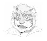  anthro blush embarrassed eyebrows felid ggg_novel greyscale headshot_portrait lifewonders live-a-hero male mammal monochrome open_mouth pantherine portrait rexer solo thick_eyebrows tiger video_games 