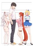  1boy 3girls ahoge arms_under_breasts bangs belt bikini black_footwear black_pants blonde_hair blue_eyes blue_shirt blue_skirt blush bow breasts brown_hair character_request closed_mouth commentary_request cropped_jacket crossed_arms curvy draculina_(last_origin) earrings garrison_cap grey_hair griffon_(last_origin) hair_bow hair_ornament hairclip hand_on_own_neck hand_up hands_on_hips hands_up hat height_chart height_difference highres holding_another&#039;s_arm jacket jewelry large_breasts last_origin leg_ribbon long_hair looking_at_another looking_down looking_to_the_side looking_up may_of_doom meme_attire miman_(hasutaro_stream) multiple_girls official_alternate_costume open-chest_sweater open_mouth pants pink_sweater red_hair ribbed_sweater ribbon ring shirt shoes short_hair short_sleeves side-tie_bikini_bottom sidelocks simple_background skirt slippers socks standing star_(symbol) star_earrings stirrup_legwear sweater swimsuit thighhighs toeless_legwear twintails very_long_hair white_background white_bikini white_jacket white_shirt white_thighhighs yellow_footwear 