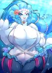  ambient_fish ambient_sealife anthro big_breasts blue_eyes blue_hair breasts choker cleavage clothed clothing crop_top curvy_figure female fish generation_7_pokemon hair hi_res huge_breasts jewelry mammal marine midriff navel necklace nintendo open_mouth open_smile paws pinniped pokemon pokemon_(species) primarina shirt smile solo suspenders tetto topwear underwater video_games voluptuous water white_body white_skin wide_hips 