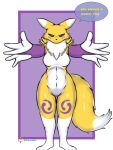  absurd_res anthro armwear bandai_namco breasts bridal_gauntlets canid canine canis clothed clothing digimon digimon_(species) female fluffy fluffy_hair fluffy_tail fox_tail hair hi_res hug_invitation looking_at_viewer mammal mostly_nude renamon skade_(artist) solo spread_arms spread_legs spreading wide_hips 