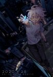  1boy :d absurdres black_pants blurry blurry_background brown_footwear building chain city commentary crystal danganronpa_(series) danganronpa_2:_goodbye_despair dated english_commentary fingernails floating_hair full_body gloves grey_eyes grey_hair hair_between_eyes highres komaeda_nagito lower_teeth medium_hair messy_hair on_roof open_mouth pants reaching sanmuchengqun shirt shoes single_glove skyscraper smile solo teeth white_shirt 