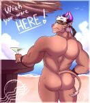  accessory alcohol anthro beach beverage bovid bovine brown_body brown_fur butt cattle cocktail fur hair headband hi_res horn lifewonders male mammal martini muscular nude seaside shennong solo tokyo_afterschool_summoners verdedeer video_games white_hair 