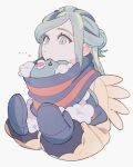  ... 1boy blue_mittens closed_mouth commentary_request green_eyes green_hair grusha_(pokemon) highres inside_clothes jacket long_hair long_sleeves male_focus mittens oharu-chan pokemon pokemon_(creature) pokemon_(game) pokemon_sv scarf striped striped_scarf swablu white_background yellow_jacket 