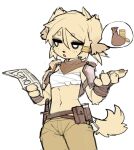  2022 accessory anthro bandanna_on_neck belt belt_pouch bottomwear breasts canid canine canis chest_wraps claws clothing crayon_(artist) domestic_dog female fingerless_gloves fur gloves hair hair_accessory handwear hi_res holding_object kemono knife mammal midriff navel open_mouth pants paper reading scar sheathed_weapon shoulder_guards simple_background small_breasts solo standing white_background wraps yellow_body yellow_fur 