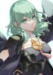  1girl armor bangs black_armor black_cape breasts byleth_(fire_emblem) byleth_(fire_emblem)_(female) cape closed_mouth commentary_request detached_collar enlightened_byleth_(female) expressionless fire_emblem fire_emblem:_three_houses floating_hair green_eyes green_hair hair_between_eyes isa_(peien516) lips long_hair looking_at_viewer medium_breasts shoulder_armor simple_background solo white_background 