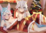  2girls absurdres animal_ear_fluff animal_ears bangs blue_eyes blue_hair breasts cat_ears cat_girl choker christmas christmas_tree cleavage dress elbow_gloves flower frilled_dress frills fur-trimmed_dress fur_trim gloves hair_flower hair_ornament highres large_breasts long_hair looking_at_viewer lulanoon lying multicolored_hair multiple_girls on_side pink_hair red_choker red_dress red_gloves santa_costume silvervale streaked_hair swept_bangs tail tail_flower tail_ornament vei_(vtuber) virtual_youtuber vshiojo vshojo white_hair wolf_ears wolf_girl wolf_tail 
