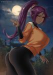  1girl ass bangs black_pants bleach blush breasts dark-skinned_female dark_skin full_moon grin high_ponytail highres large_breasts long_hair long_sleeves looking_at_viewer moon night night_sky orange_shirt pants parted_bangs ponytail purple_hair ryuuneart shihouin_yoruichi shirt sidelocks sky smile solo thighs tight tight_pants yellow_eyes 