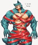  2022 abs anthro barazoku beastars biceps big_muscles blush canid canine canis dialogue english_text front_view fur hi_res huge_muscles legoshi_(beastars) looking_at_viewer male mammal muscular muscular_anthro muscular_male navel nipples nude obliques pecs ribbons scar simple_background smile solo standing talking_to_viewer teseirei text thick_thighs tuft white_background wolf 