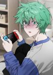  1boy :o absurdres aqua_eyes aqua_hair bangs black_pants blue_sleeves blurry blurry_background blush grey_background hair_between_eyes handheld_game_console highres hiyori_sou holding holding_handheld_game_console indoors kimi_ga_shine long_sleeves looking_at_viewer looking_back m6ni6c male_focus nintendo_switch pale_skin pants parted_lips raglan_sleeves shirt short_hair solo spiked_hair teeth upper_body upper_teeth white_shirt 